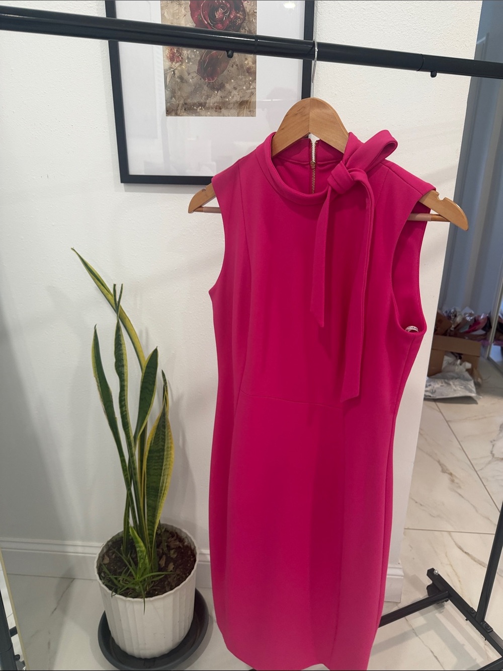 Calvin Klein Sleeveless Hot Pink Bow-Neck Sheath Dress